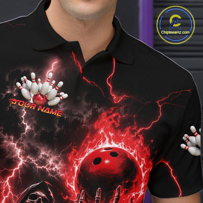 Custom Red Fire Flame Bowling Grim Reaper Skull Men Polo Shirt, Halloween Bowler Outfit IPHW11662