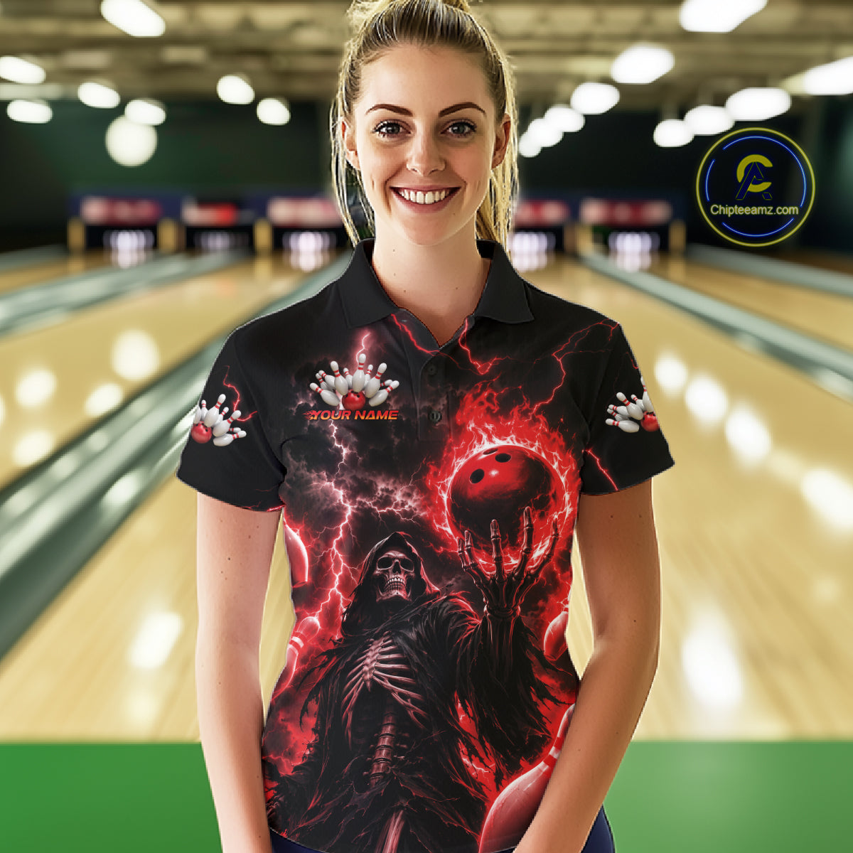 A woman wearing a black short-sleeve polo shirt with a red and black horror-themed graphic print featuring a skeleton and a bowling ball, standing in a bowling alley. A circular 'ChipTeenz.