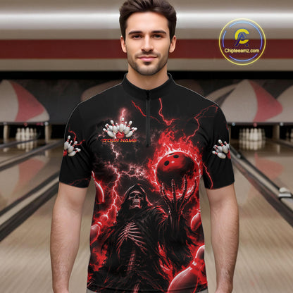 Custom Red Fire Flame Bowling Grim Reaper Skull Men Quarter Zip Shirt, Halloween Bowler Outfit IPHW11662