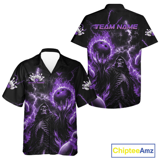 Black short-sleeve button-up shirt with a purple and black horror-themed graphic print featuring a hooded skeleton, purple lightning, and bowling balls, shown in front and back.