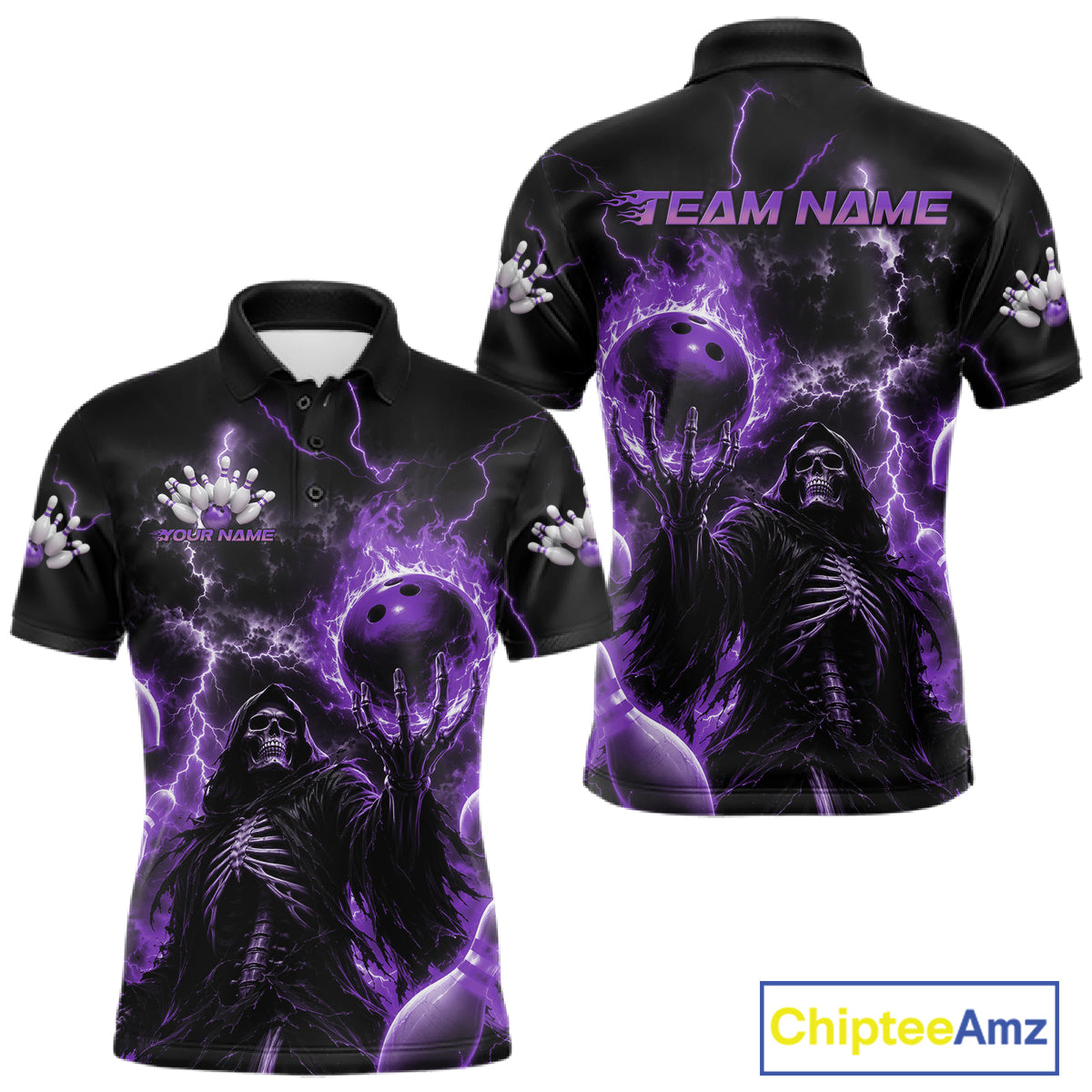 Custom Purple Fire Flame Bowling Grim Reaper Skull Men Polo Shirt, Halloween Bowler Outfit IPHW11663