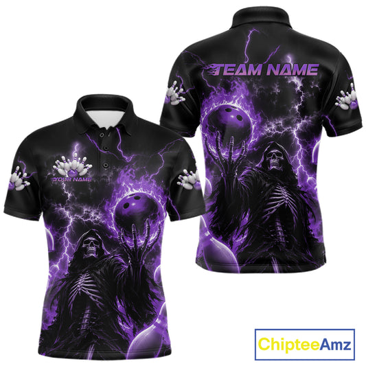 Front and back views of a black short-sleeve polo shirt with a purple and black horror-themed graphic print featuring a skeletal figure, lightning, and bowling balls. 