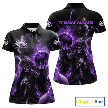 A women's short-sleeve polo shirt shown from the front and back, featuring a dark graphic design with purple lightning, a skeletal figure, bowling balls, and the text 'TEAM NAME' and 'YOUR NAME'.