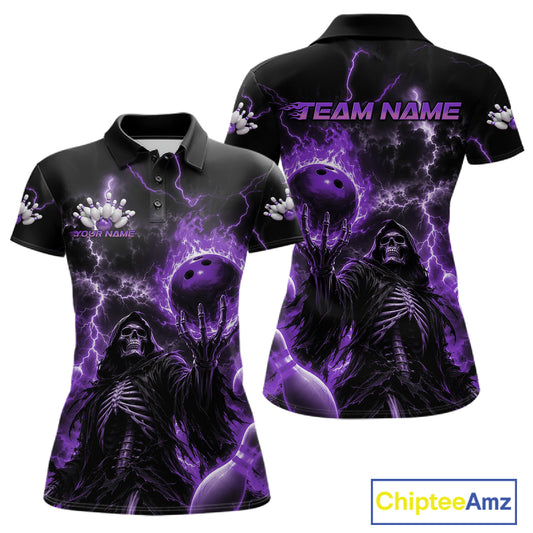 A womens short-sleeve polo shirt shown from the front and back, featuring a dark graphic design with purple lightning, a skeletal figure, bowling balls, and the text 'TEAM NAME' and 'YOUR NAME'.