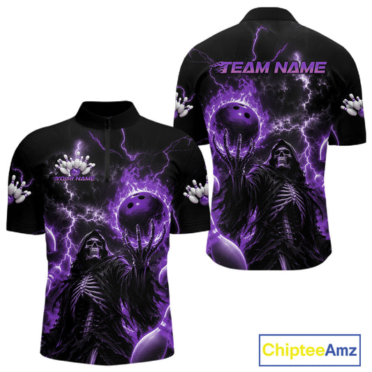 Black short-sleeve quarter=zip shirt shown from front and back with a purple and black grim reaper bowling graphic, lightning effects, bowling balls, and white bowling pins. 