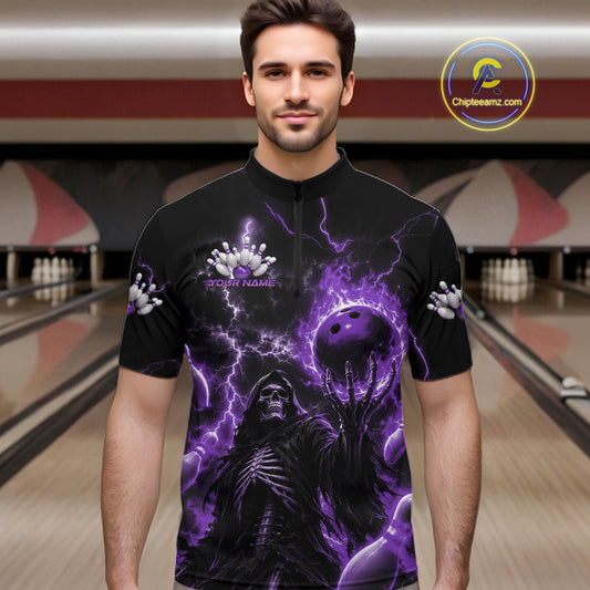 A man wearing a black short-sleeve bowling-themed quarter-zip shirt with a purple and black skeleton graphic, lightning effects, and bowling pins.