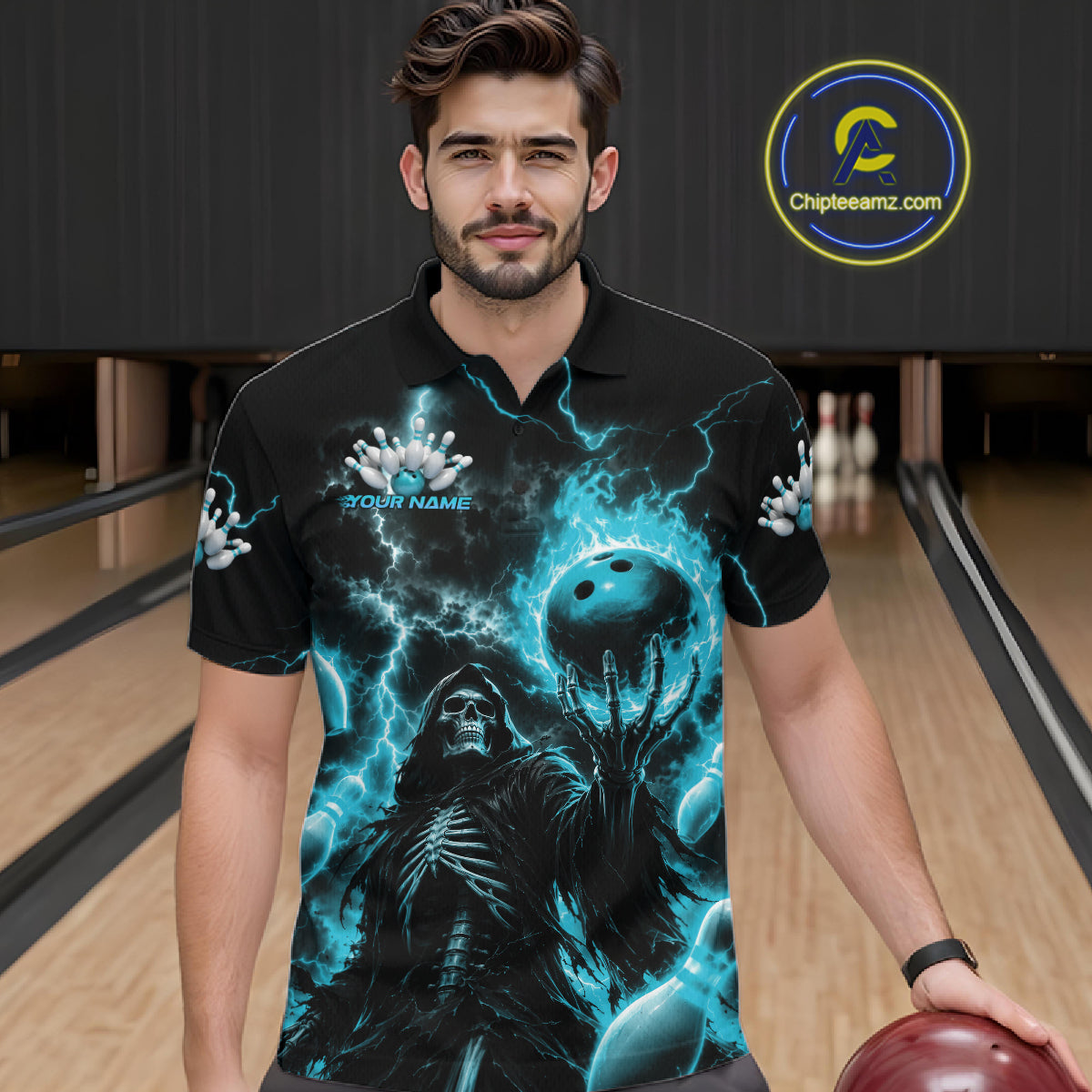 Custom Blue Fire Flame Bowling Grim Reaper Skull Men Polo Shirt, Halloween Bowler Outfit IPHW11664