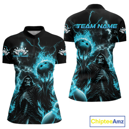 Front and back views of a black short-sleeve shirt with a glowing blue and black graphic print featuring a skeletal figure, lightning, and a bowling ball. The front has a small 'YOUR NAME' placeholder, and the back has 'TEAM NAME' placeholder text.