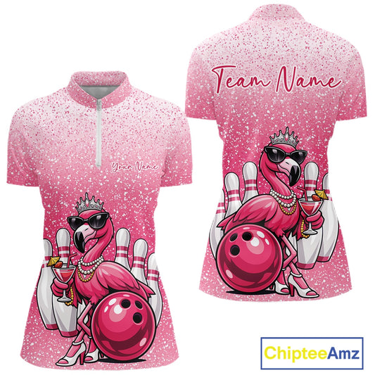 Front and back view of a pink women’s bowling quarter-zip shirt featuring a crowned flamingo holding a cocktail while leaning on a bowling ball.