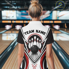 Load image into Gallery viewer, Back view of a female model wearing a white, black, and red bowling quarter zip shirt featuring bowling ball and pins artwork at a bowling lane.