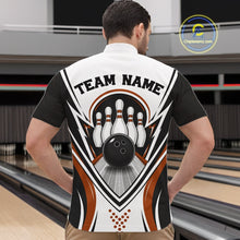 Load image into Gallery viewer, Male model at the bowling lane wearing a white, black, and orange bowling quarter-zip shirt, front view, with bowling strike artwork featuring a bowling ball and pins.