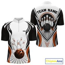 Load image into Gallery viewer, Front and back views of a men's bowling quarter-zip shirt mockup with bowling ball and pins artwork in white, black, and orange.