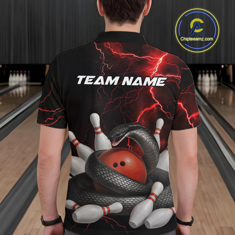 Custom Black And Red Thunder Lightning Black Mamba Snake Bowling Team Men Polo Shirt IPHW10152