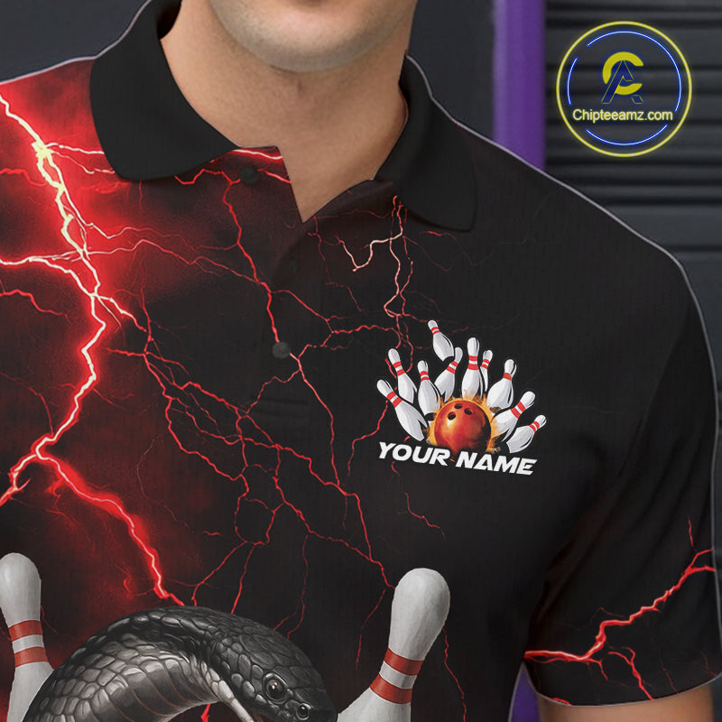 Custom Black And Red Thunder Lightning Black Mamba Snake Bowling Team Men Polo Shirt IPHW10152
