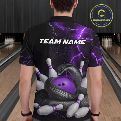 Custom Black And Purple Thunder Lightning Black Mamba Snake Bowling Team Men Polo Shirt IPHW10153