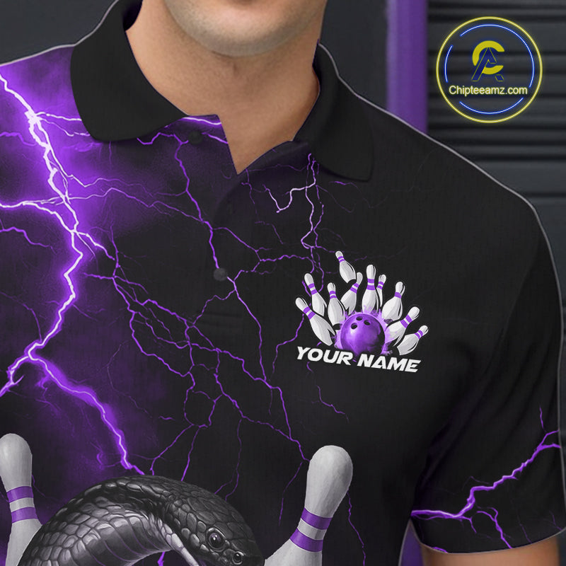 Custom Black And Purple Thunder Lightning Black Mamba Snake Bowling Team Men Polo Shirt IPHW10153