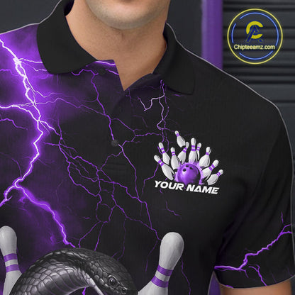 Custom Black And Purple Thunder Lightning Black Mamba Snake Bowling Team Men Polo Shirt IPHW10153