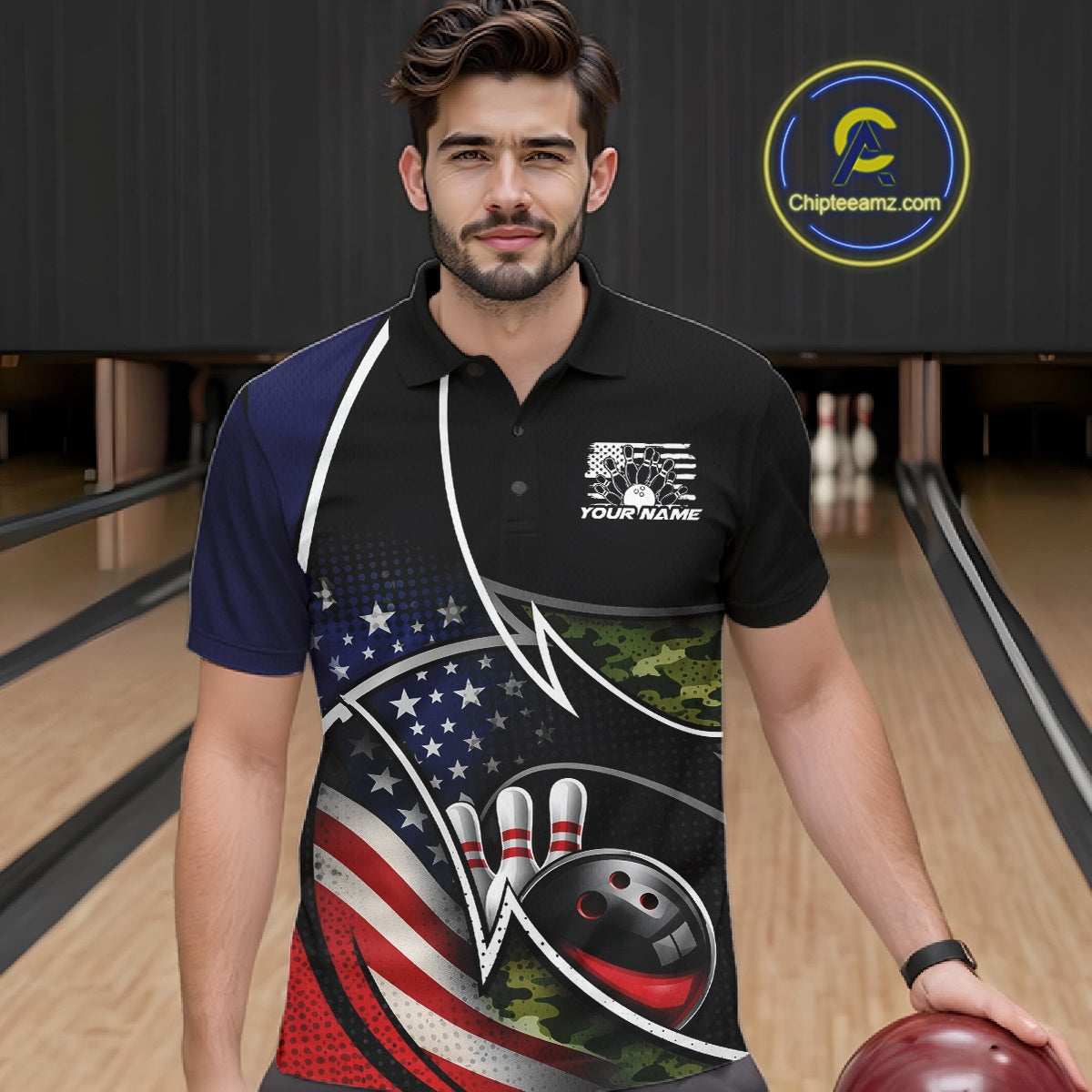 Custom Patriotic US Flag Bowling Team Shirts, Freedom Military Camo Men Bowling Jerseys IPHW10531