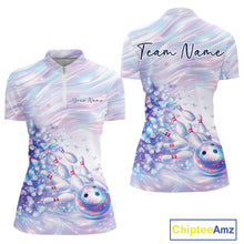Load image into Gallery viewer, Front and back mockup of a womens bowling quarter zip decorated with pastel purple and pink holographic butterflies and bowling artwork
