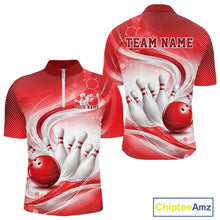 Load image into Gallery viewer, Mens white and red bowling quarter-zip mockup displayed from front and back with wave-inspired artwork and bowling action graphics
