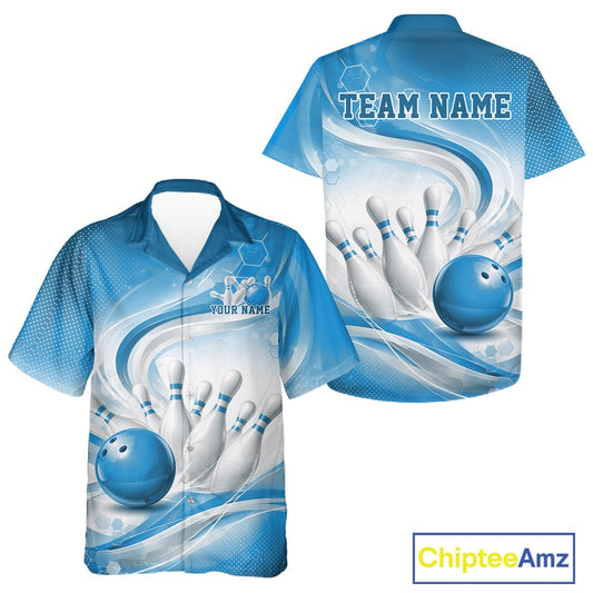Front and back mockup of a white and blue button-up bowling shirt showcasing fluid wave patterns and bowling-inspired graphics