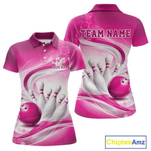 Load image into Gallery viewer, Front and back mockup of a womens white and pink polo shirt featuring abstract wave lines and a glossy bowling ball striking pins.