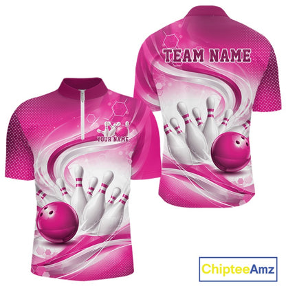 Front and back mockup of a mens white and pink bowling quarter-zip pullover featuring abstract wave lines and a glossy bowling ball striking pins.