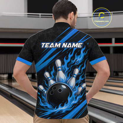 Custom Black And Blue Fire Flame Bowling Team Men Quarter Zip Shirt, Team Jerseys IPHW11683