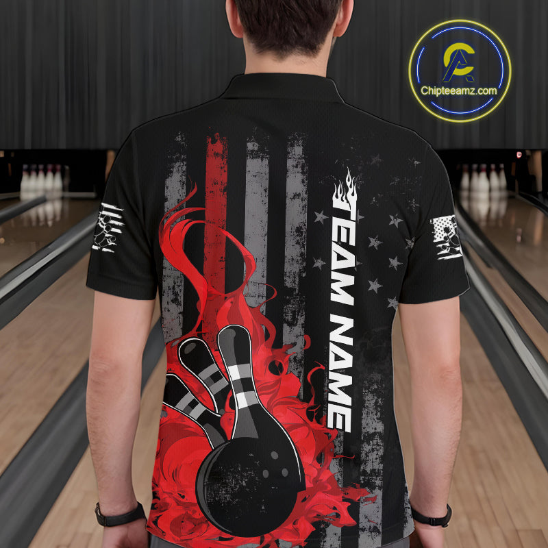 Custom Grunge Vintage Red Thin Line US Flag Patriotic Men Polo Bowling Team Shirts IPHW10169