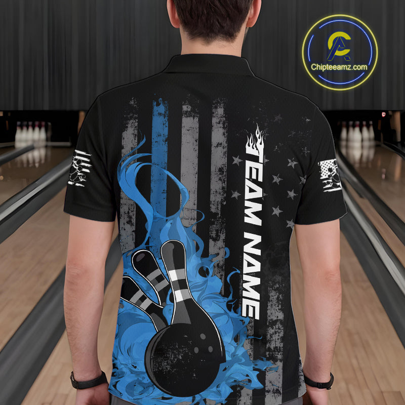 Custom Grunge Vintage Blue Thin Line US Flag Patriotic Men Polo Bowling Team Shirts IPHW10170