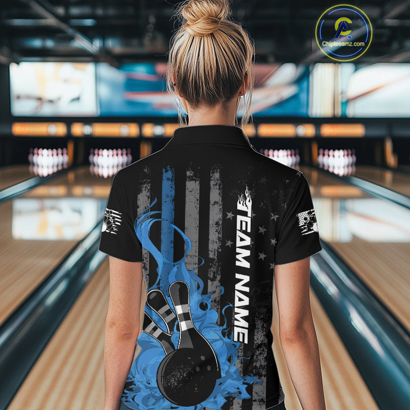 Custom Grunge Vintage Blue Thin Line US Flag Patriotic Women Polo Bowling Team Shirts IPHW10170