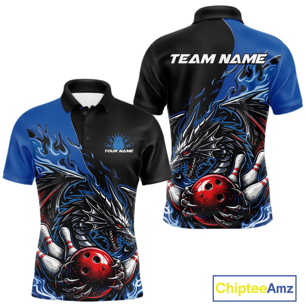 Custom Blue And Red Dragon Bowling Men Polo Team Shirt, Dragon Bowling League Shirts IPHW10368