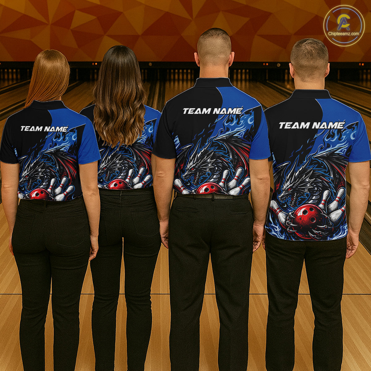 Custom Blue And Red Dragon Bowling Men Polo Team Shirt, Dragon Bowling League Shirts IPHW10368