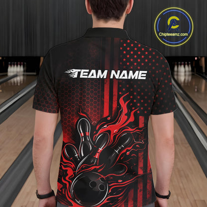 Back view of a male model in a bowling center wearing a black and red polo showcasing a flaming bowling ball crashing into pins.