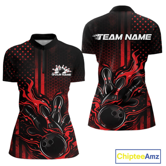 Front and back display of a black and red women’s bowling quarter-zip shirt featuring a flaming bowling ball striking pins with patriotic American flag accents.