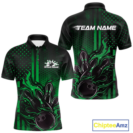 Front and back view of a black and green men’s bowling polo shirt featuring a flaming bowling ball striking pins with patriotic American flag bowling style.