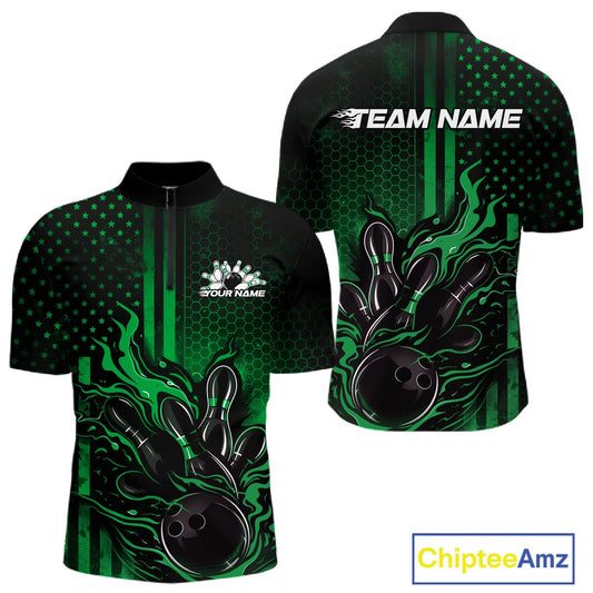 Front and back mockup of a black and green mens bowling quarter-zip shirt showcasing a flaming bowling ball knocking down pins with patriotic American flag accents.