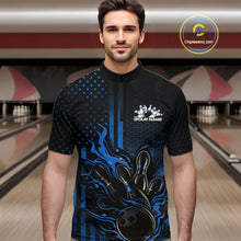 Load image into Gallery viewer, Custom Blue Patrotic Flame Bowling Men Quarter-Zip Shirt, US Flag Bowling Jersey IPHW11158