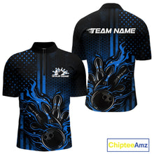 Load image into Gallery viewer, Custom Blue Patrotic Flame Bowling Men Quarter-Zip Shirt, US Flag Bowling Jersey IPHW11158