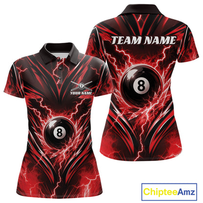 Custom Red Icy Thunder Lightning 8 Ball Billiards Women Polo Shirt, Pool League Shirt IPHW11761