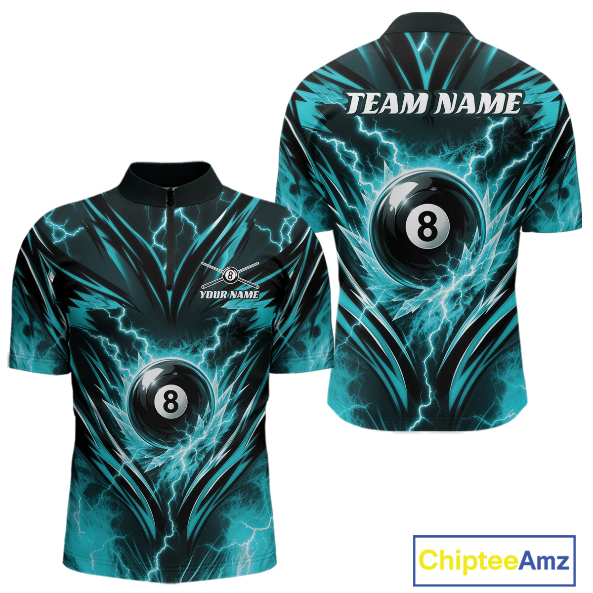 Custom Turquoise Blue Icy Lightning 8 Ball Billiards Men Quarter Zip Shirt, Pool League Shirt IPHW11762