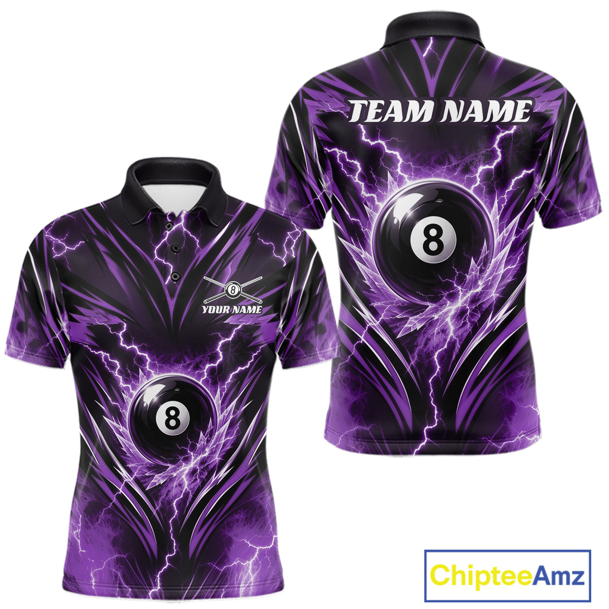 Custom Purple Icy Thunder Lightning 8 Ball Billiards Men Polo Shirt, Pool League Shirt IPHW11763