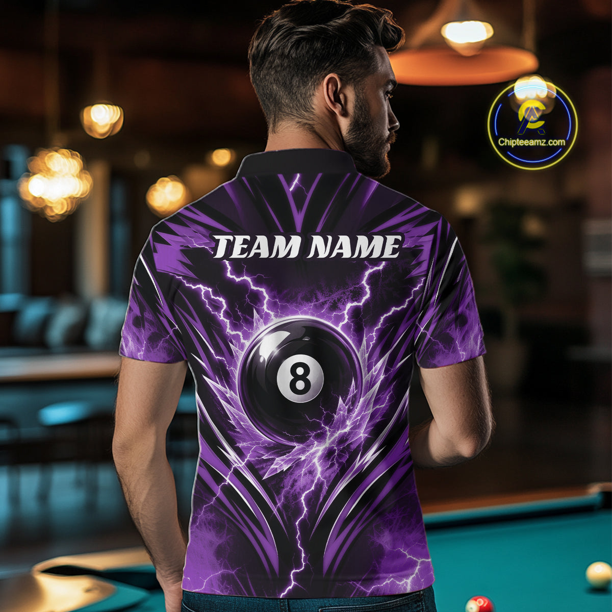 Custom Purple Icy Thunder Lightning 8 Ball Billiards Men Polo Shirt, Pool League Shirt IPHW11763