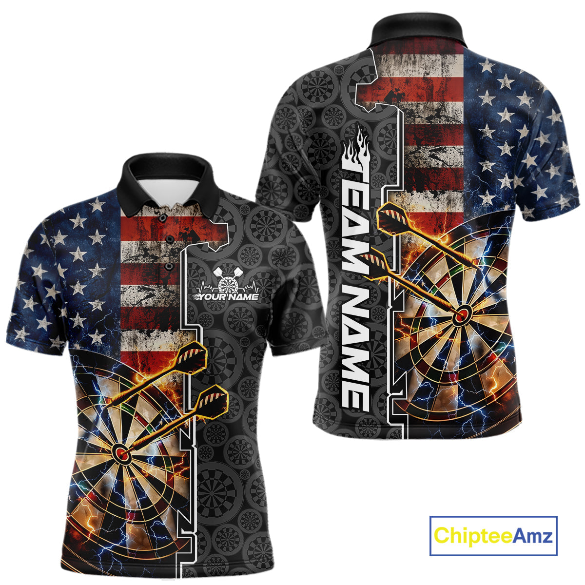 Custom Grunge US Flag Lightning Dartboard Patriotic Dart Team Men Polo Shirt Dart Jerseys IPHW10387