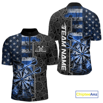 Custom Blue Lightning US Flag Dartboard Patriotic Dart Team Men Quarter-Zip Shirt Dart Jerseys IPHW10388