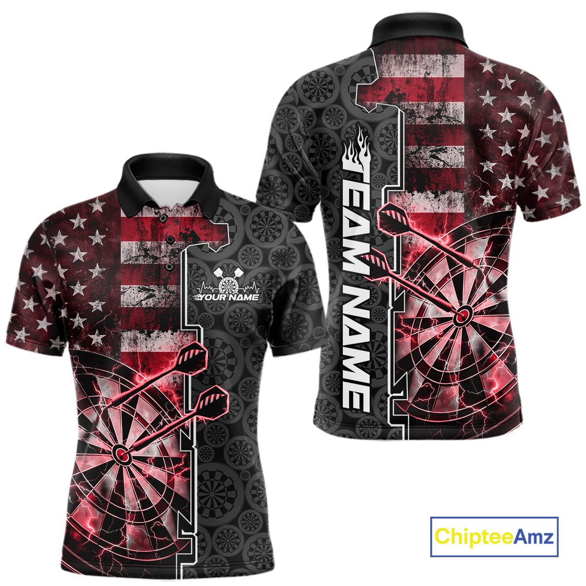 Custom Red Lightning US Flag Dartboard Patriotic Dart Team Men Polo Shirt Dart Jerseys IPHW10389