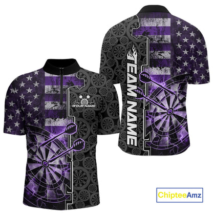 Custom Purple Lightning US Flag Dartboard Patriotic Dart Team Men Quarter-Zip Shirt Dart Jerseys IPHW10390