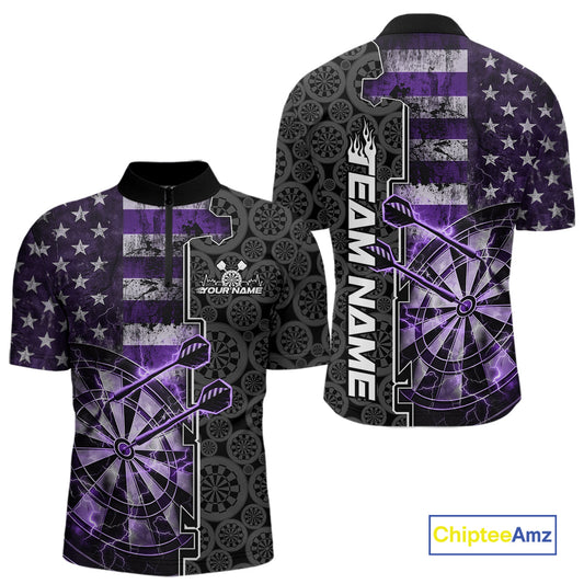 Custom Purple Lightning US Flag Dartboard Patriotic Dart Team Men Quarter-Zip Shirt Dart Jerseys IPHW10390