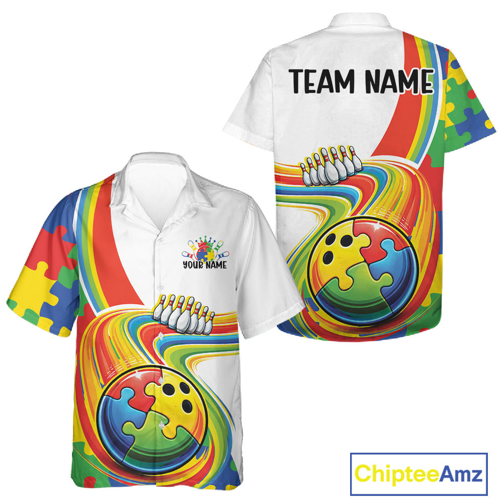 Button-up bowling shirt mockup featuring colorful autism-themed bowling lane artwork with vibrant puzzle-inspired graphics in a clean front and back layout