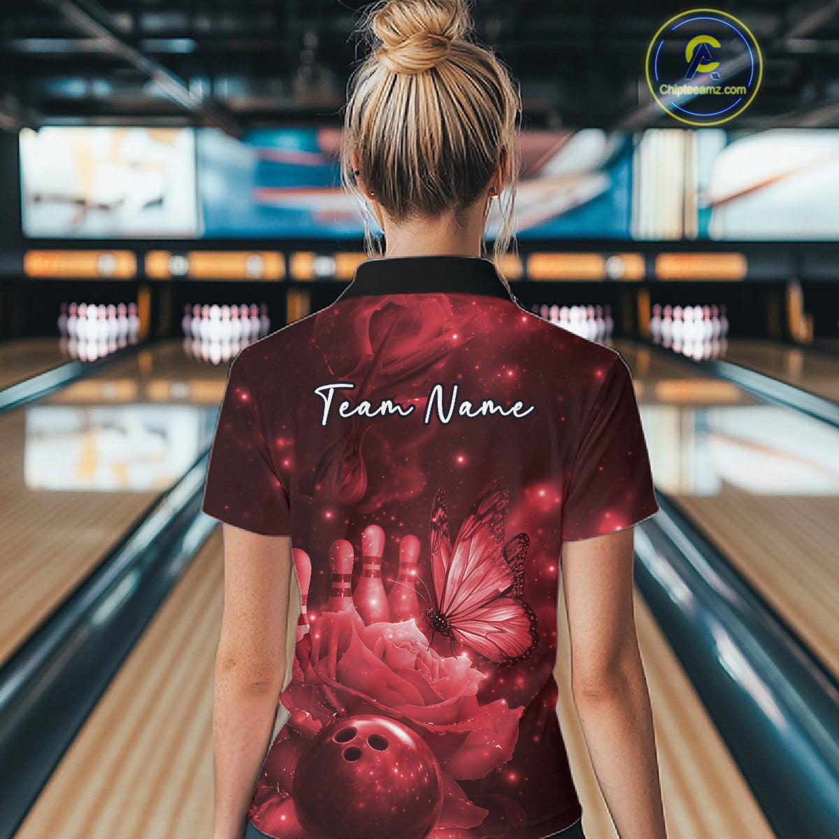 Custom Red Butterfly And Roses Bowling Women Polo Shirts, Ladies Bowling Team IPHW10879